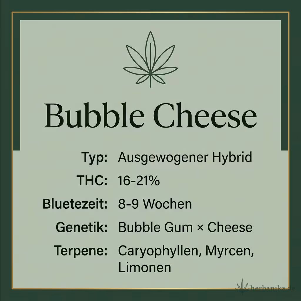 Infografik mit Bubble Cheese Key Facts: Typ Ausgewogener Hybrid, THC 16-21%, Bluetezeit 8-9 Wochen, Genetik Bubble Gum × Cheese und Terpene Caryophyllen, Myrcen, Limonen