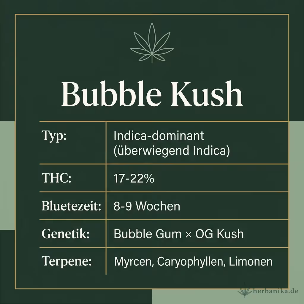 Infografik mit Bubble Kush Key Facts: Typ Indica-dominant (überwiegend Indica), THC 17-22%, Bluetezeit 8-9 Wochen, Genetik Bubble Gum × OG Kush und Terpene Myrcen, Caryophyllen, Limonen