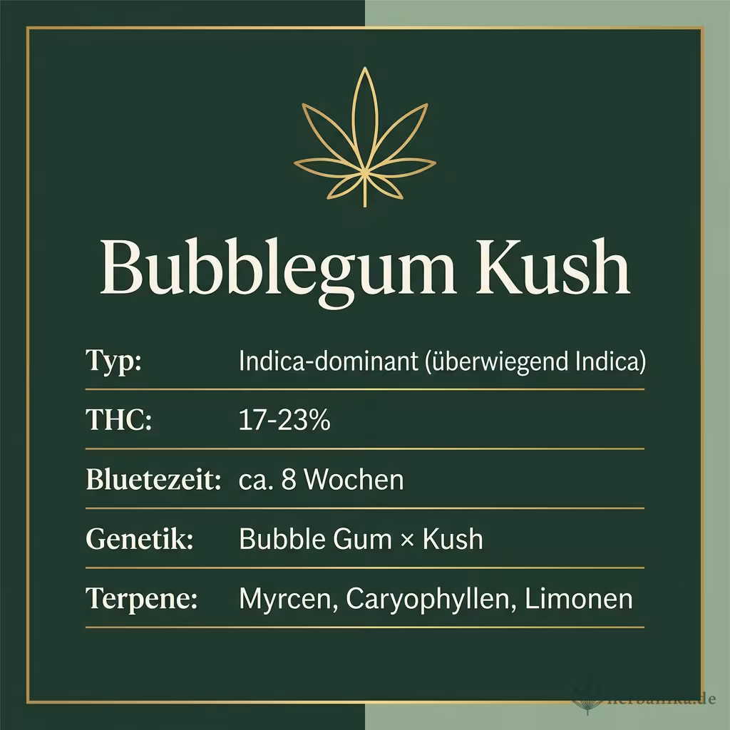 Infografik mit Bubblegum Kush Key Facts: Typ Indica-dominant (überwiegend Indica), THC 17-23%, Bluetezeit ca. 8 Wochen, Genetik Bubble Gum × Kush und Terpene Myrcen, Caryophyllen, Limonen