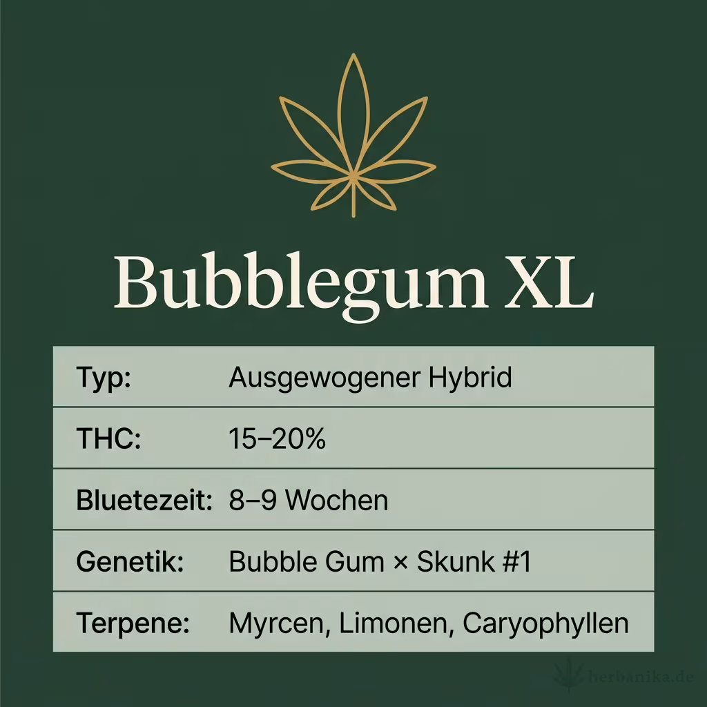 Infografik mit Bubblegum XL Key Facts: Typ Ausgewogener Hybrid, THC 15-20%, Bluetezeit 8-9 Wochen, Genetik Bubble Gum × Skunk #1 und Terpene Myrcen, Limonen, Caryophyllen