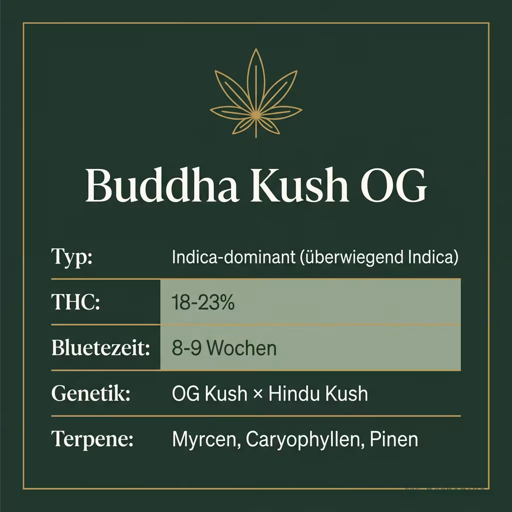 Infografik mit Buddha Kush OG Key Facts: Typ Indica-dominant (überwiegend Indica), THC 18-23%, Bluetezeit 8-9 Wochen, Genetik OG Kush × Hindu Kush und Terpene Myrcen, Caryophyllen, Pinen
