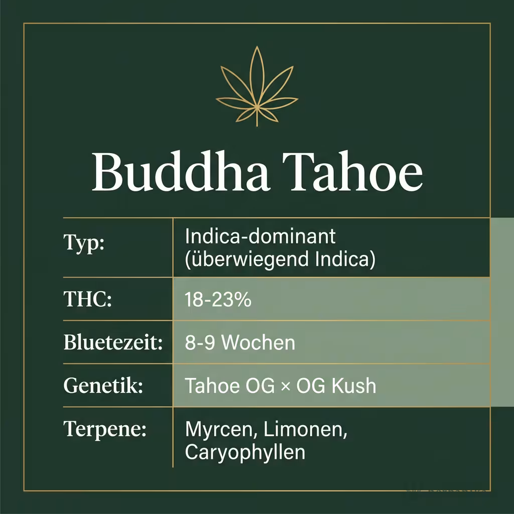 Infografik mit Buddha Tahoe Key Facts: Typ Indica-dominant (überwiegend Indica), THC 18-23%, Bluetezeit 8-9 Wochen, Genetik Tahoe OG × OG Kush und Terpene Myrcen, Limonen, Caryophyllen