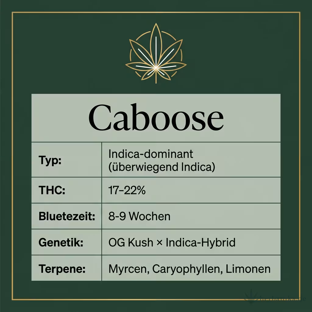 Infografik mit Caboose Key Facts: Typ Indica-dominant (überwiegend Indica), THC 17-22%, Bluetezeit 8-9 Wochen, Genetik OG Kush × Indica-Hybrid und Terpene Myrcen, Caryophyllen, Limonen