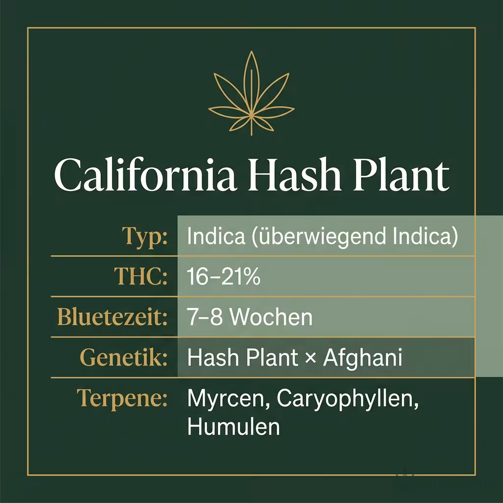 Infografik mit California Hash Plant Key Facts: Typ Indica (überwiegend Indica), THC 16-21%, Bluetezeit 7-8 Wochen, Genetik Hash Plant × Afghani und Terpene Myrcen, Caryophyllen, Humulen