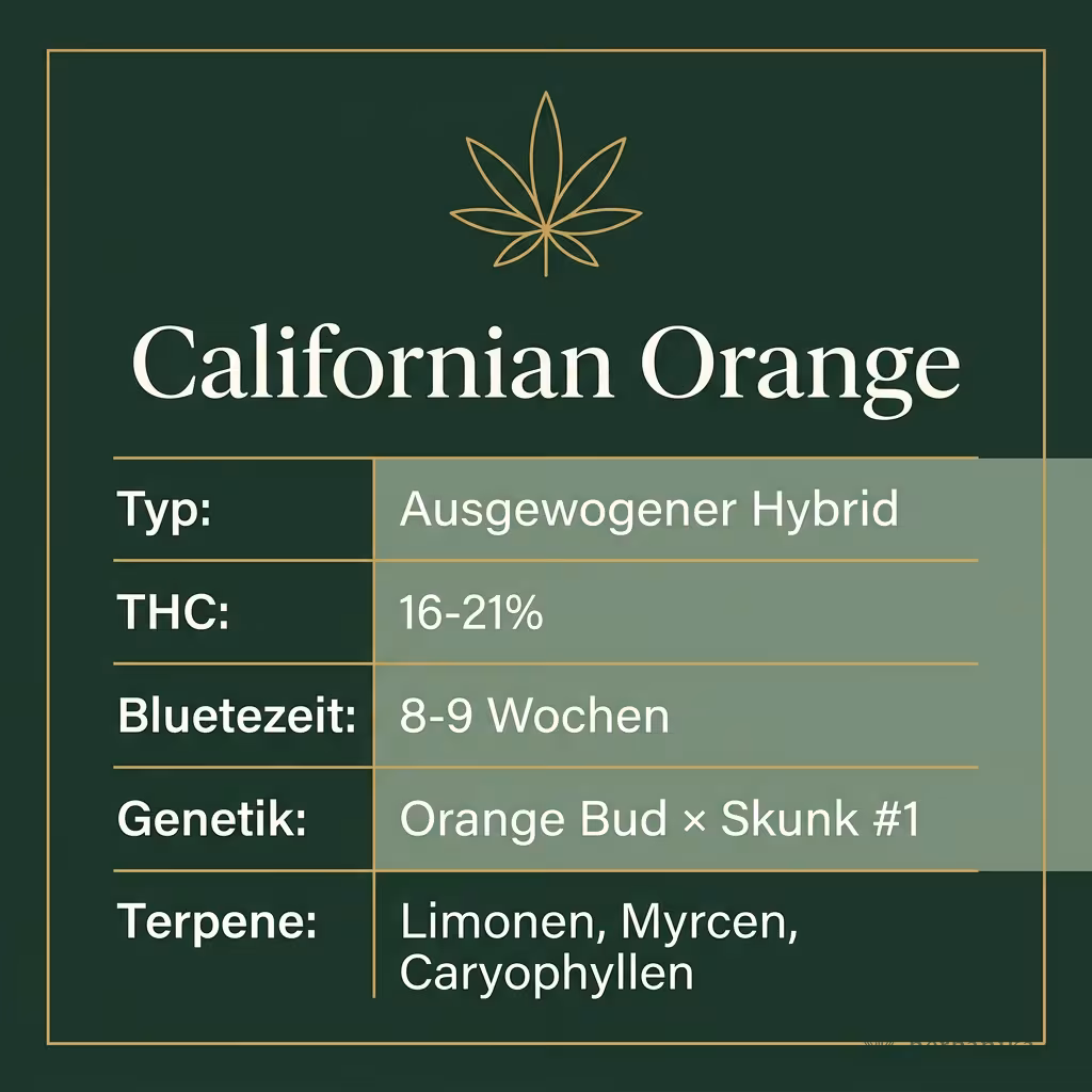 Infografik mit Californian Orange Key Facts: Typ Ausgewogener Hybrid, THC 16-21%, Bluetezeit 8-9 Wochen, Genetik Orange Bud × Skunk #1 und Terpene Limonen, Myrcen, Caryophyllen