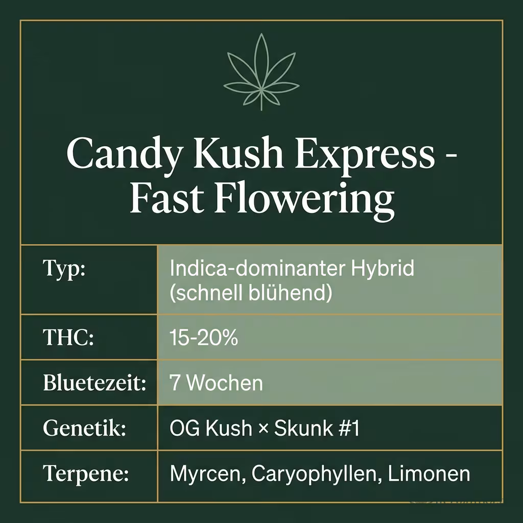 Infografik mit Candy Kush Express - Fast Flowering Key Facts: Typ Indica-dominanter Hybrid (schnell blühend), THC 15-20%, Bluetezeit 7 Wochen, Genetik OG Kush × Skunk #1 und Terpene Myrcen, Caryophyllen, Limonen