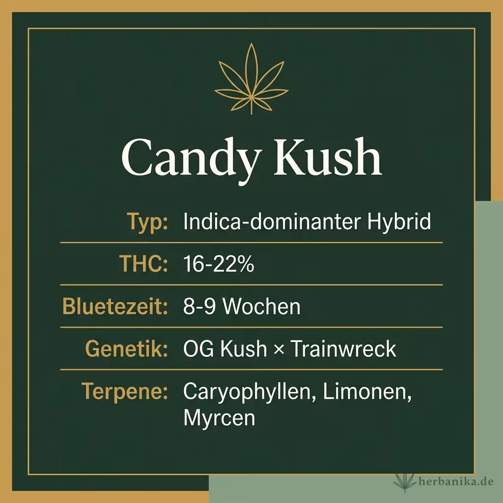 Infografik mit Candy Kush Key Facts: Typ Indica-dominanter Hybrid, THC 16-22%, Bluetezeit 8-9 Wochen, Genetik OG Kush × Trainwreck und Terpene Caryophyllen, Limonen, Myrcen
