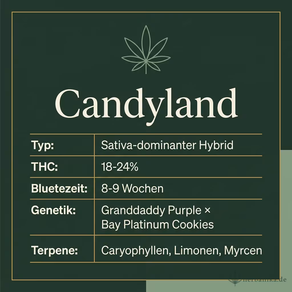 Infografik mit Candyland Key Facts: Typ Sativa-dominant, THC 18-24%, Bluetezeit 8-9 Wochen, Genetik Granddaddy Purple x Bay Platinum Cookies und Terpene Caryophyllen, Limonen, Myrcen