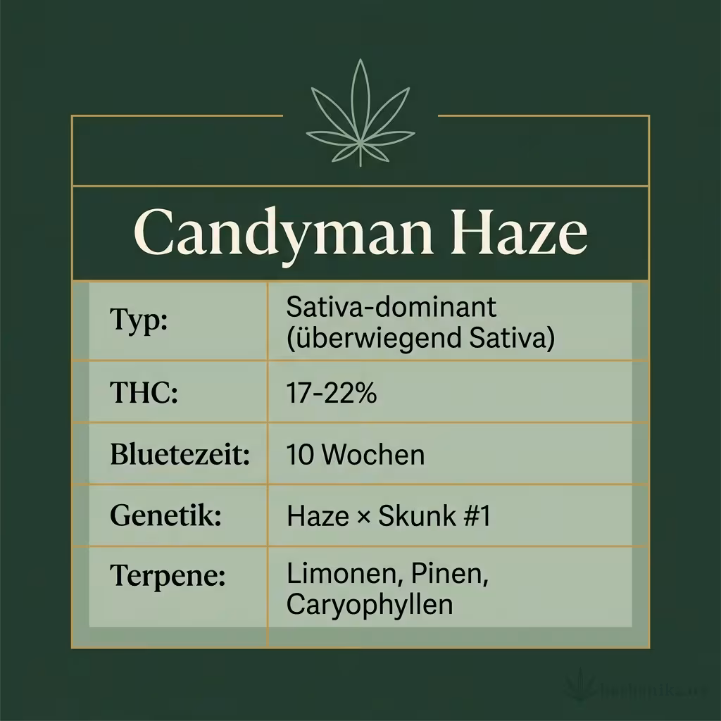 Infografik mit Candyman Haze Key Facts: Typ Sativa-dominant (überwiegend Sativa), THC 17-22%, Bluetezeit 10 Wochen, Genetik Haze × Skunk #1 und Terpene Limonen, Pinen, Caryophyllen