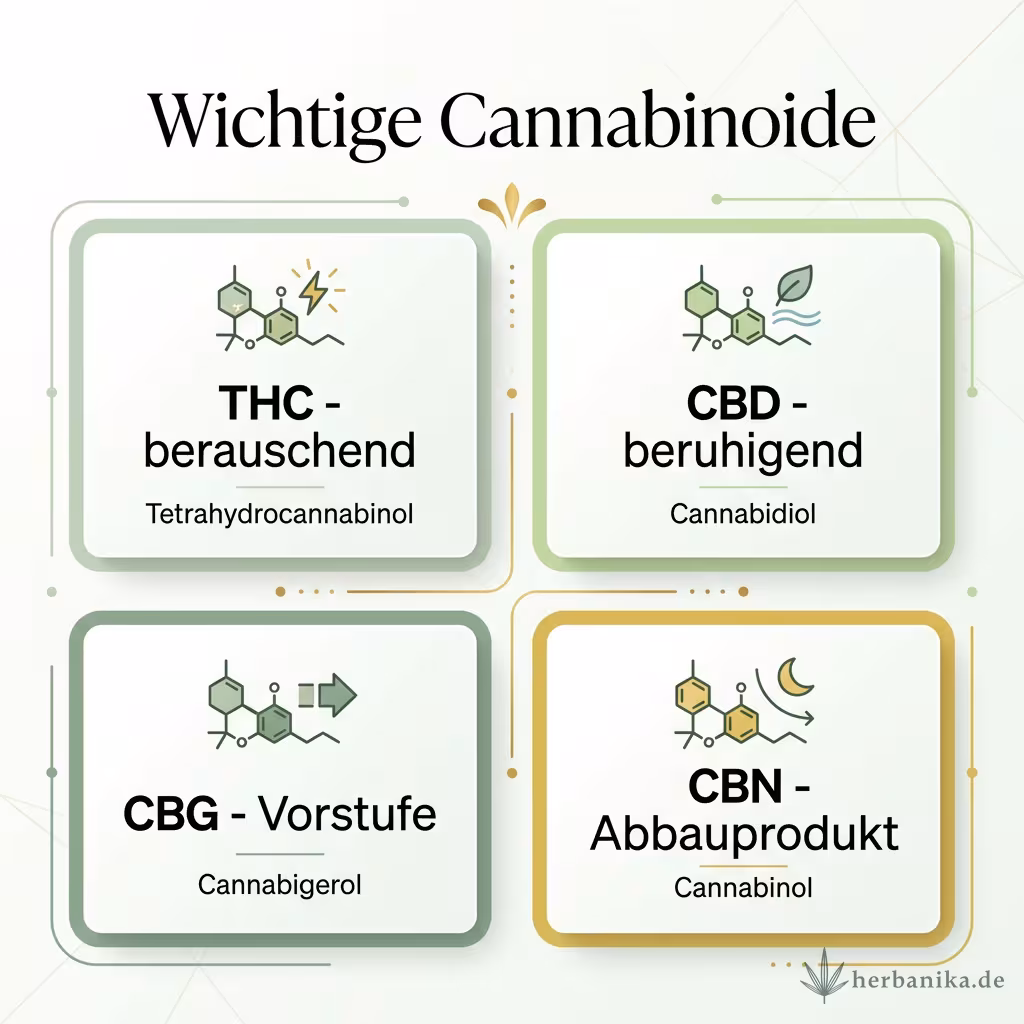 Infografik wichtige Cannabinoide: THC berauschend, CBD beruhigend, CBG Vorstufe, CBN Abbauprodukt