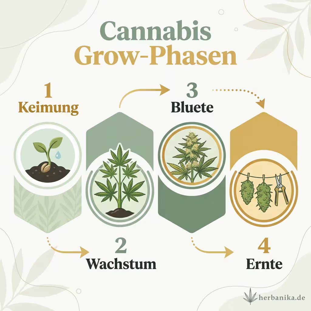 Infografik der vier Grow-Phasen: Keimung, Wachstum, Blüte und Ernte