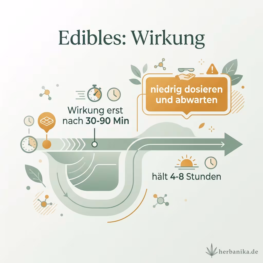Infografik Edibles: Wirkung erst nach 30 bis 90 Minuten, hält 4 bis 8 Stunden, niedrig dosieren und abwarten