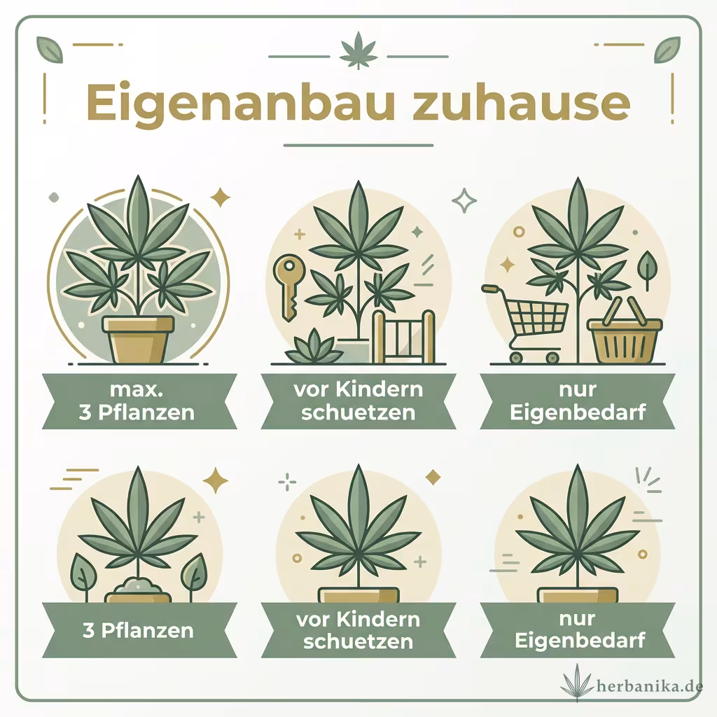 Infografik Eigenanbau zuhause: maximal 3 Pflanzen, vor Kindern schützen, nur für den Eigenbedarf