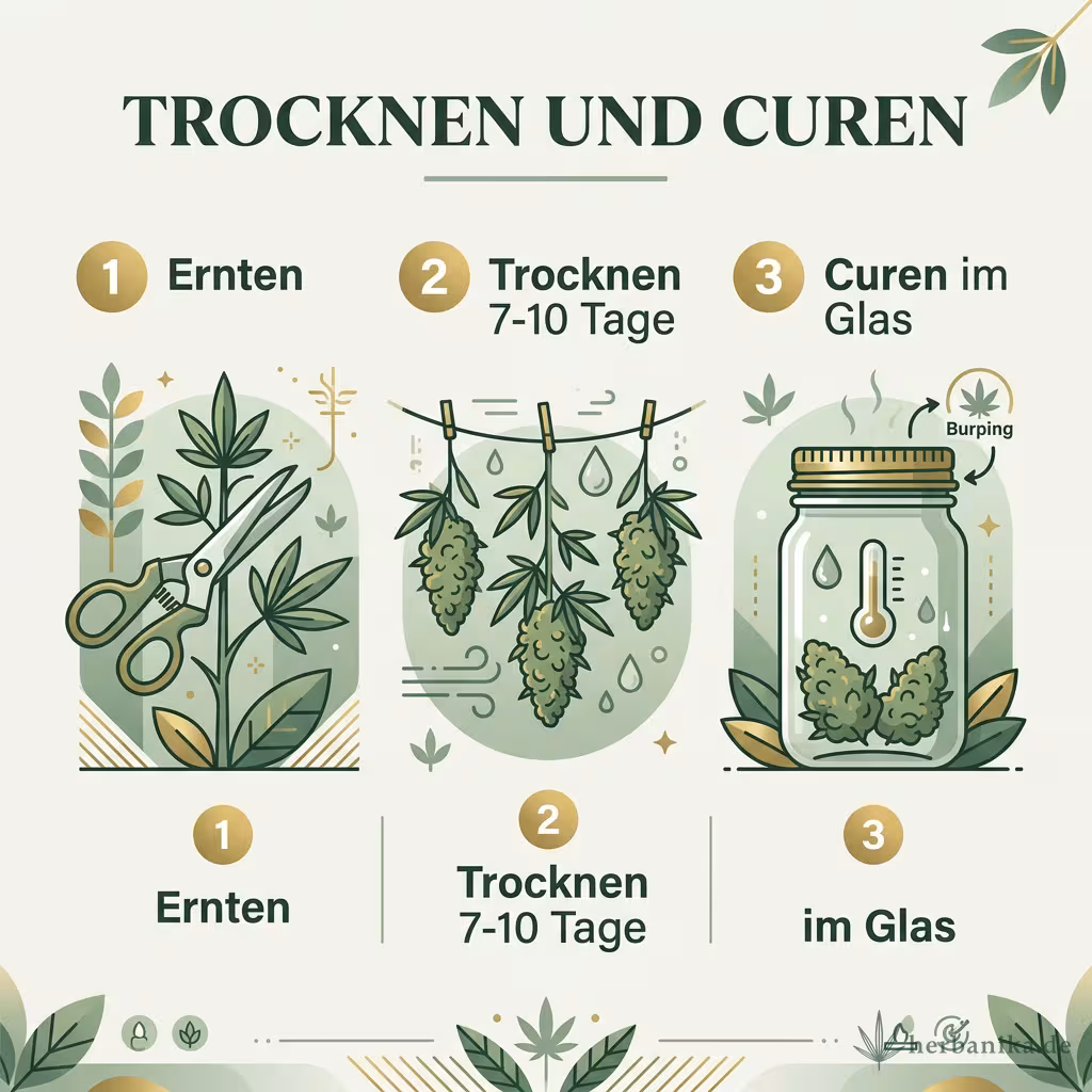 Infografik mit drei Schritten: Ernten, Trocknen 7 bis 10 Tage und Curen im Glas