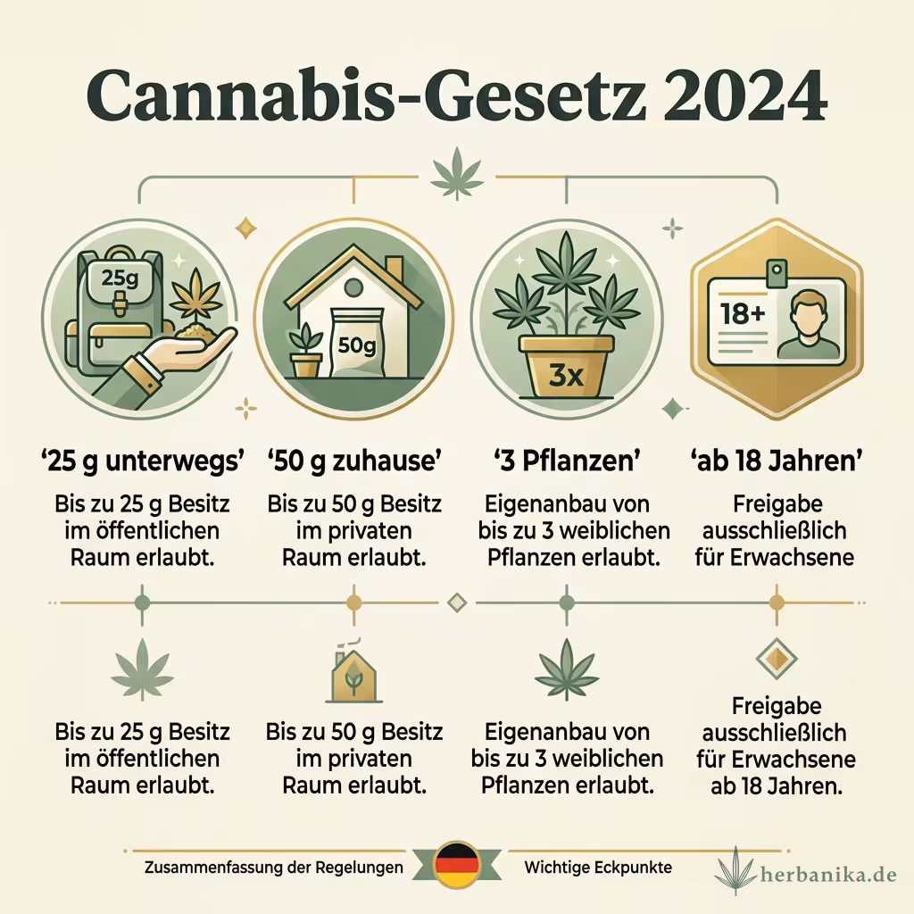 Infografik zum Cannabis-Gesetz 2024: 25 Gramm unterwegs, 50 Gramm zuhause, bis zu 3 Pflanzen Eigenanbau und Freigabe erst ab 18 Jahren