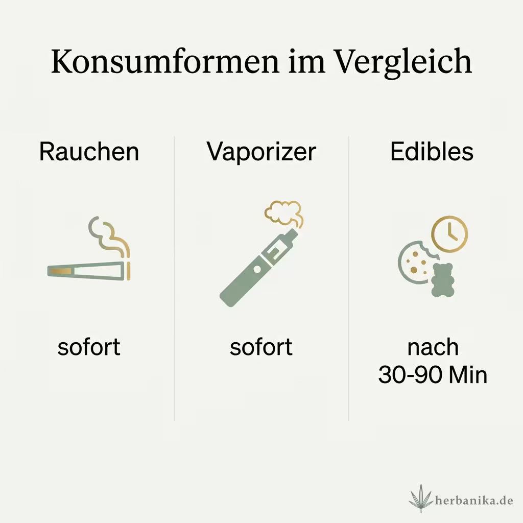 Infografik Konsumformen im Vergleich: Rauchen sofort, Vaporizer sofort, Edibles nach 30 bis 90 Minuten