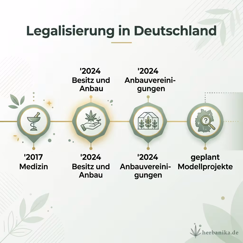 Zeitstrahl Legalisierung in Deutschland: 2017 Medizin, 2024 Besitz und Anbau, 2024 Anbauvereinigungen, geplant Modellprojekte