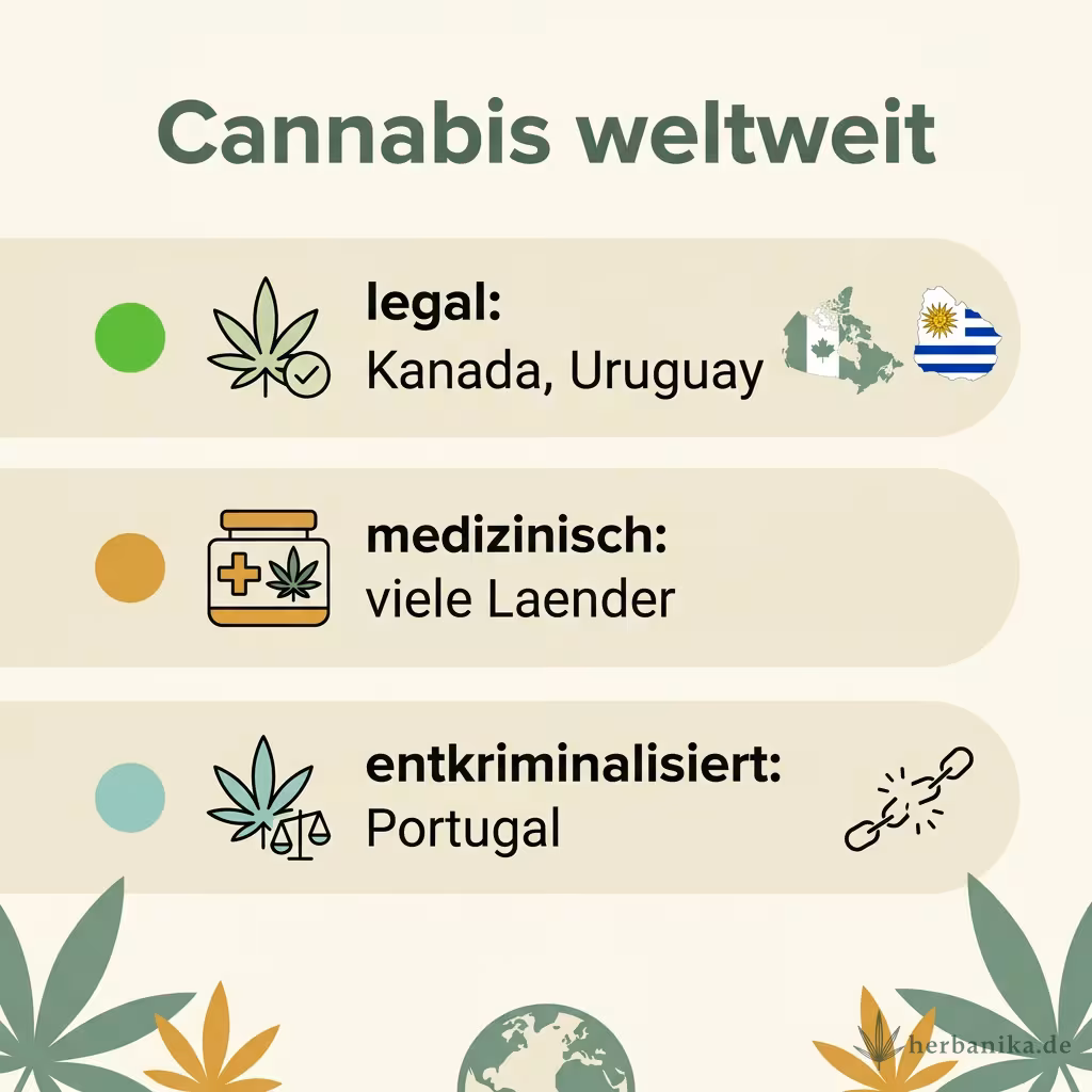 Infografik Cannabis weltweit: legal in Kanada und Uruguay, medizinisch in vielen Ländern, entkriminalisiert zum Beispiel Portugal