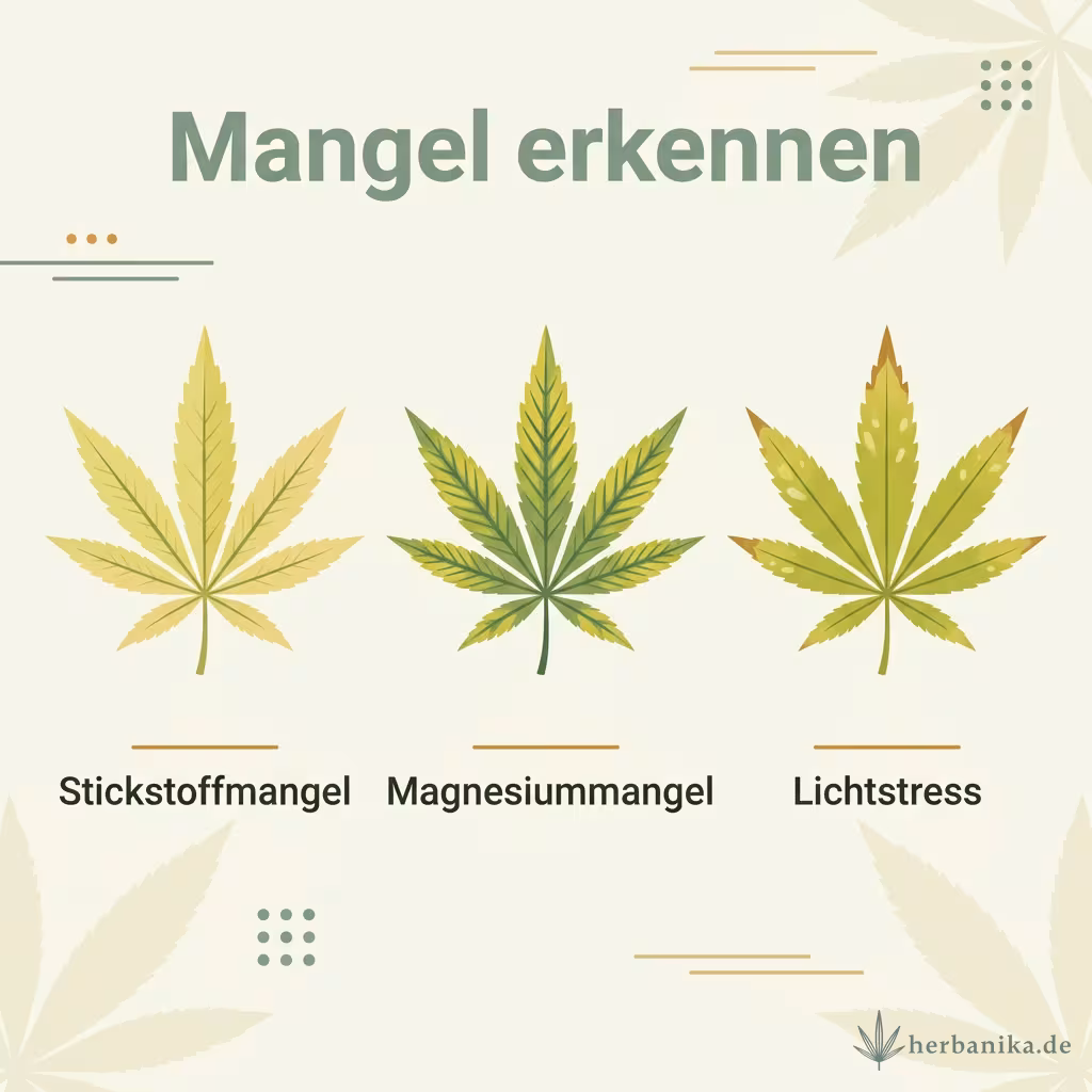 Infografik mit drei Cannabis-Blättern: Stickstoffmangel, Magnesiummangel und Lichtstress im Vergleich