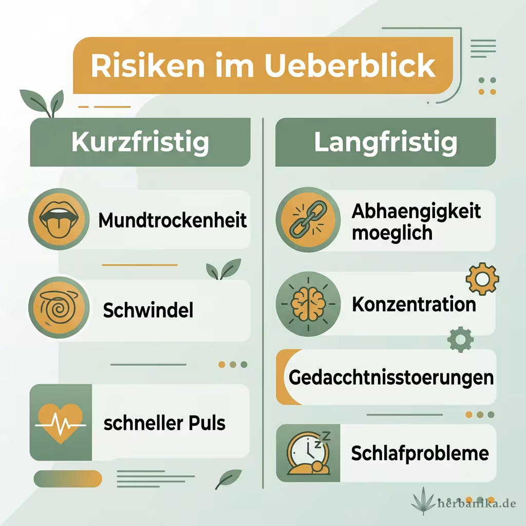 Infografik mit kurzfristigen Risiken wie Mundtrockenheit und Schwindel sowie langfristigen Risiken wie möglicher Abhängigkeit und Konzentrationsproblemen
