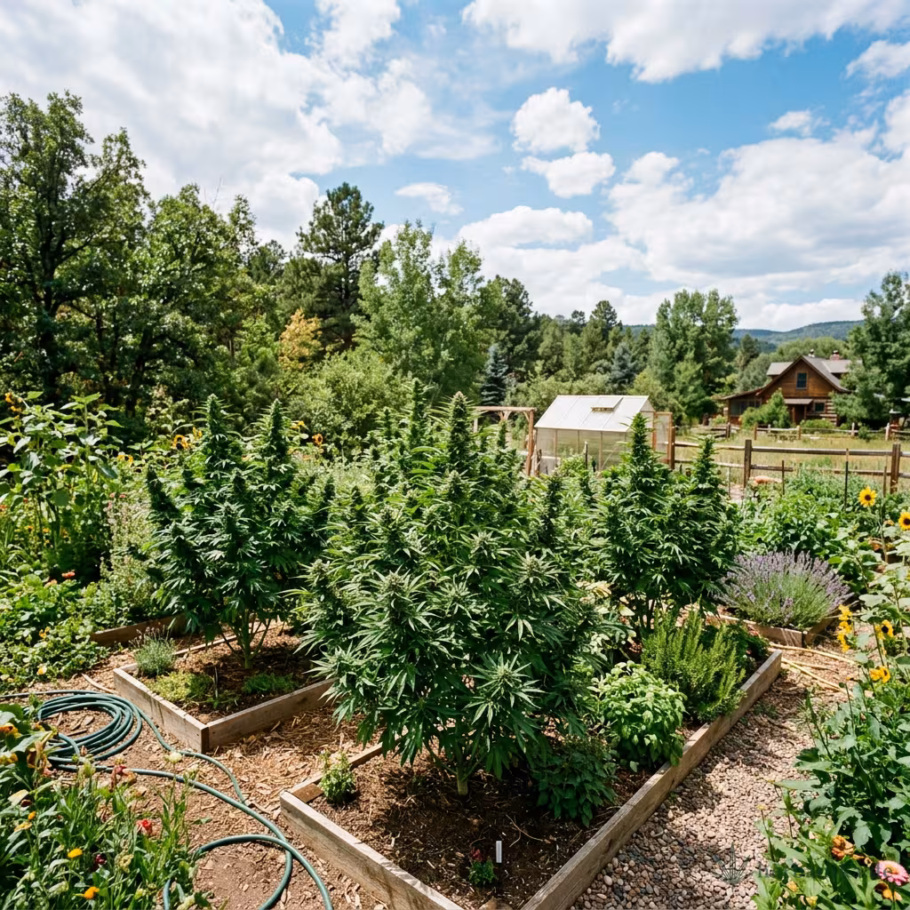 Hohe gesunde Cannabis-Pflanzen in einem sonnigen Garten unter blauem Himmel