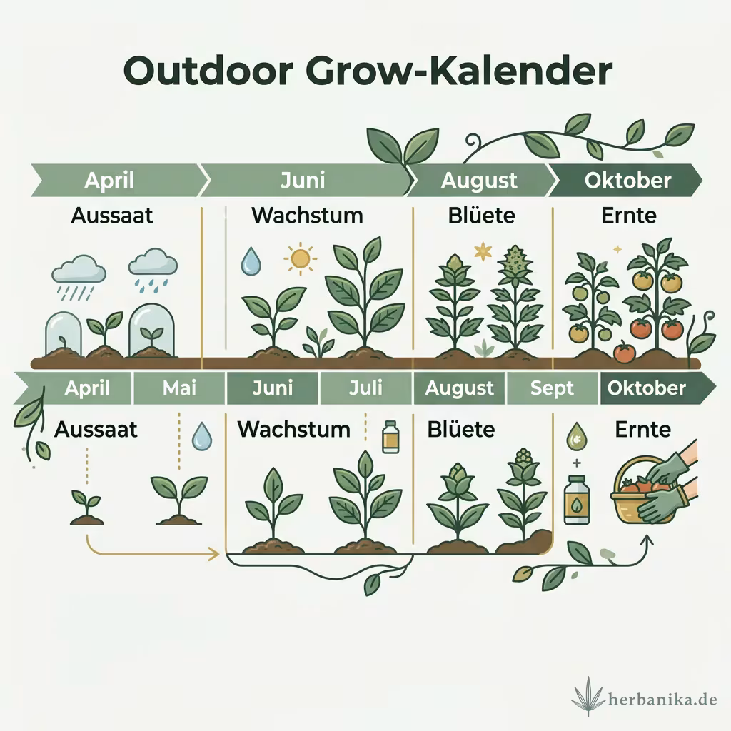 Infografik Outdoor-Kalender: April Aussaat, Juni Wachstum, August Blüte, Oktober Ernte