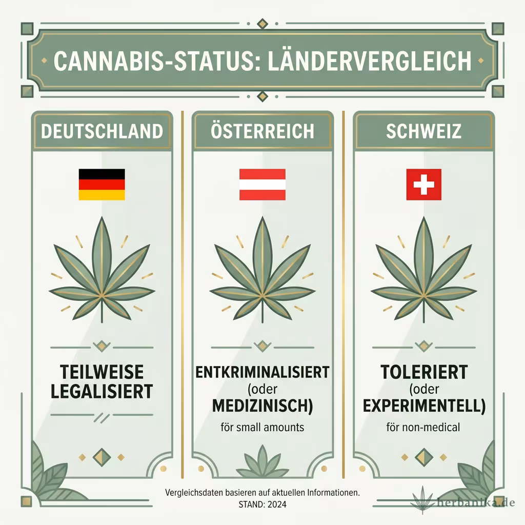Infografik Ländervergleich: Deutschland teilweise legalisiert, Österreich entkriminalisiert, Schweiz toleriert mit Pilotprojekten