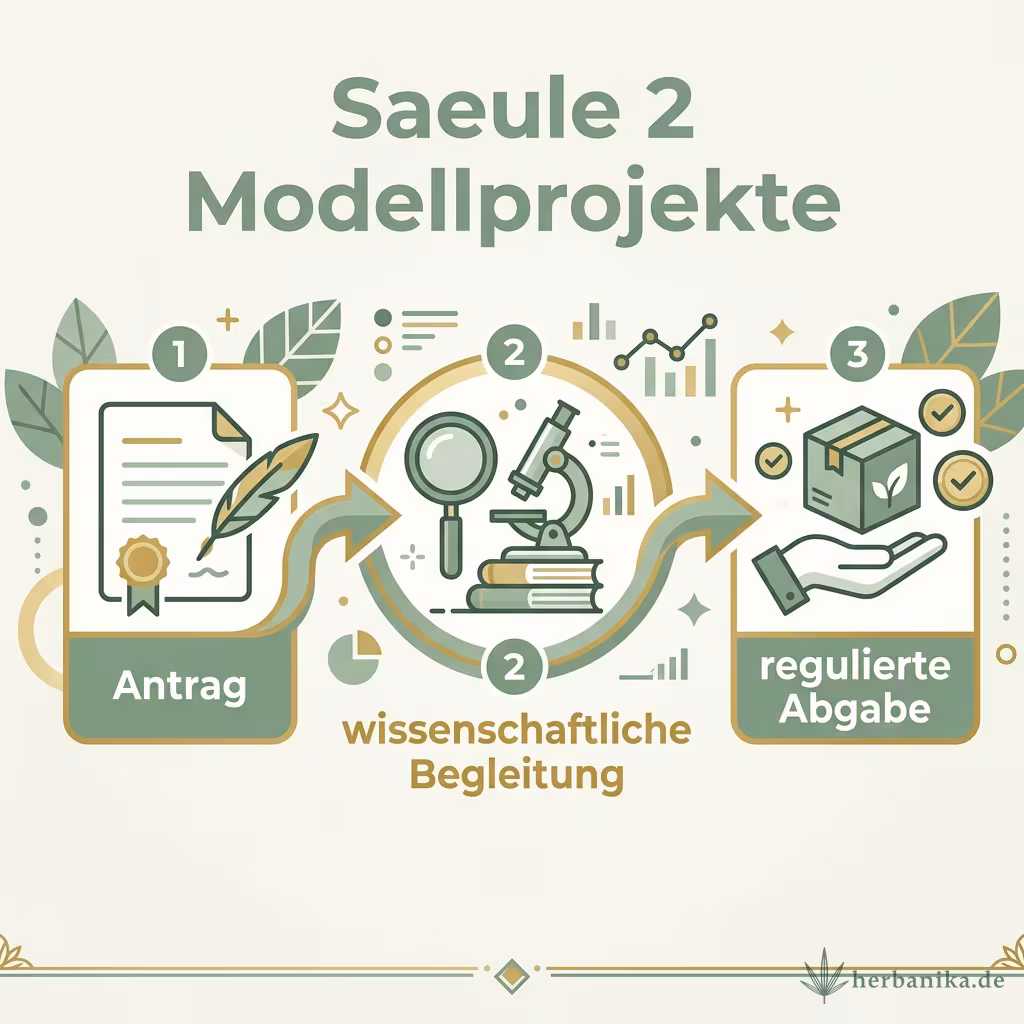 Infografik Säule 2 Modellprojekte: Antrag, wissenschaftliche Begleitung, regulierte Abgabe