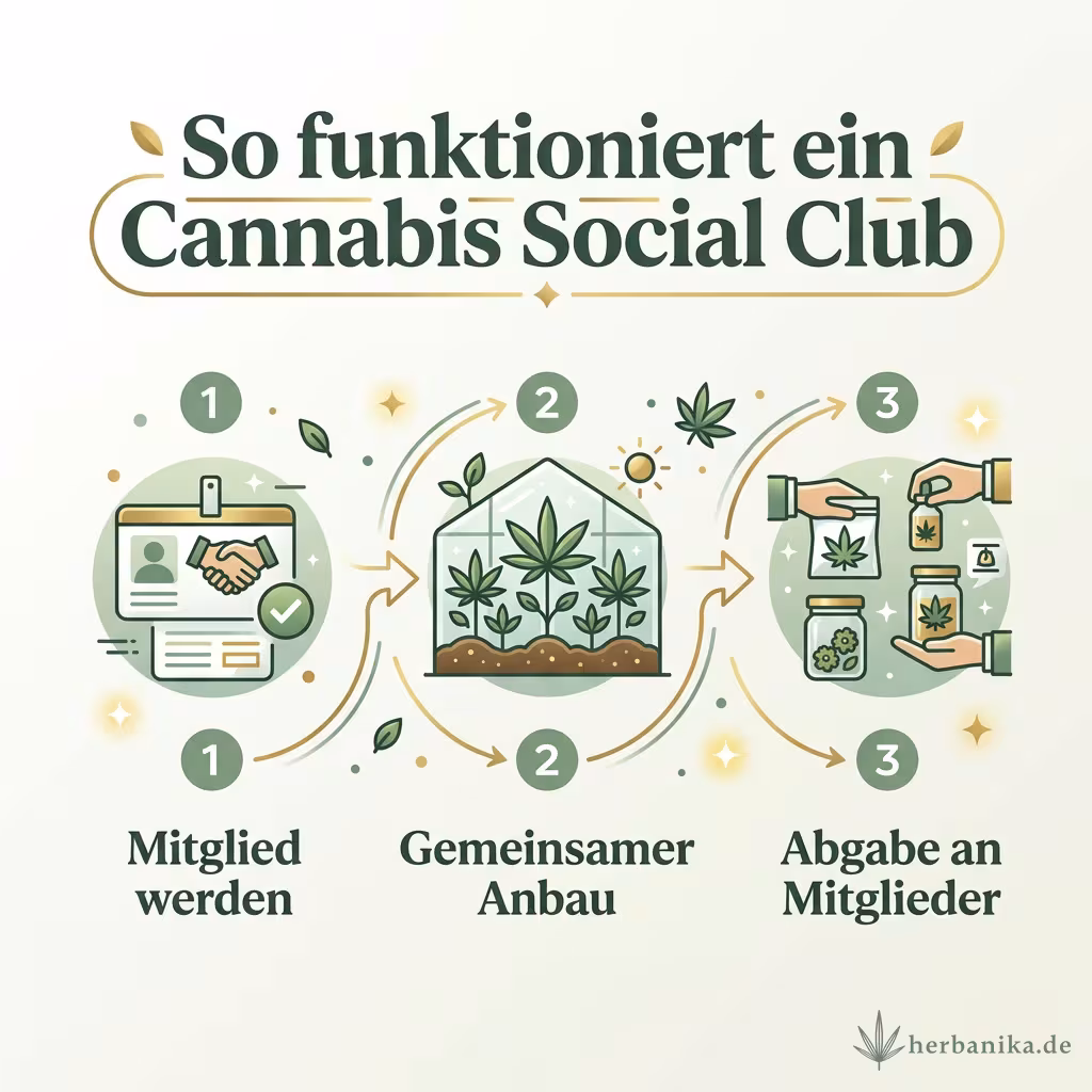 Infografik mit drei Schritten eines Cannabis Social Clubs: Mitglied werden, gemeinsamer Anbau, Abgabe an Mitglieder