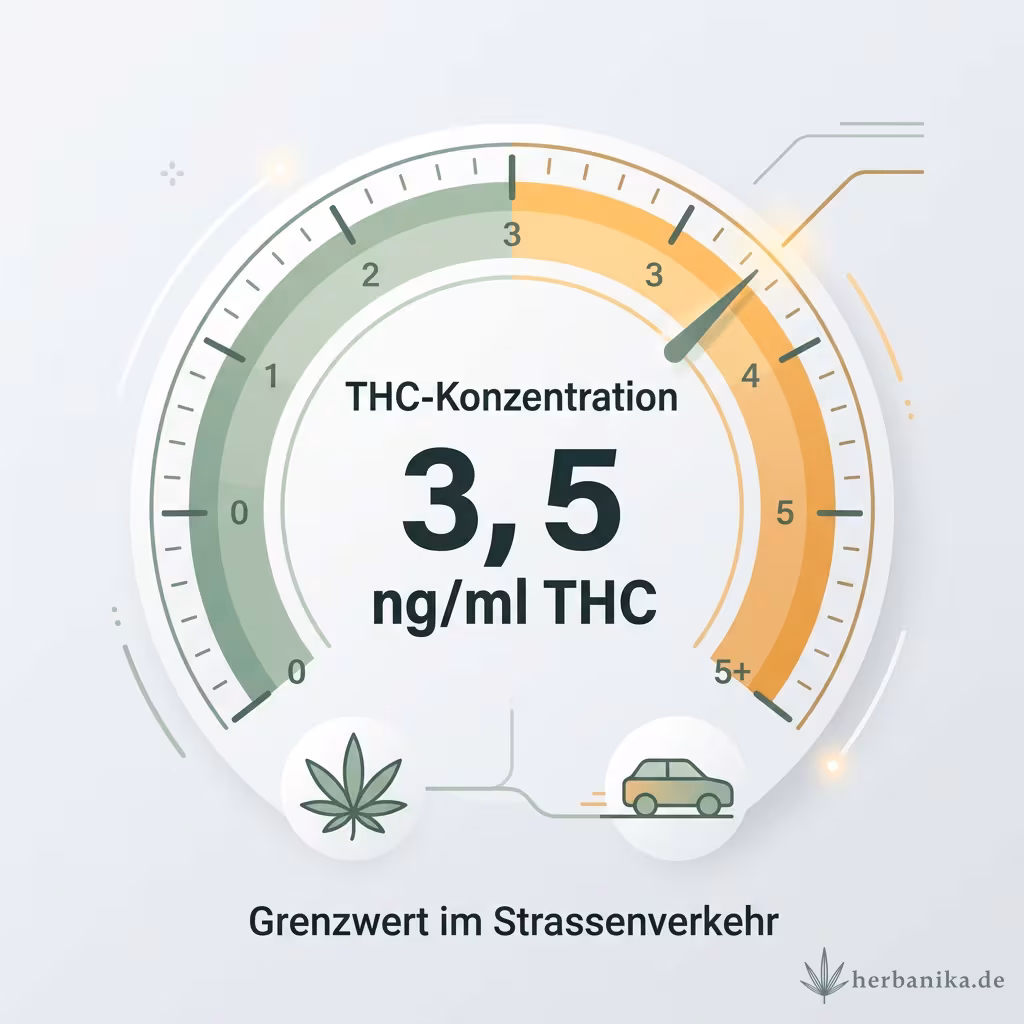 Infografik einer Tacho-Skala mit der Markierung 3,5 ng/ml THC als Grenzwert im Straßenverkehr
