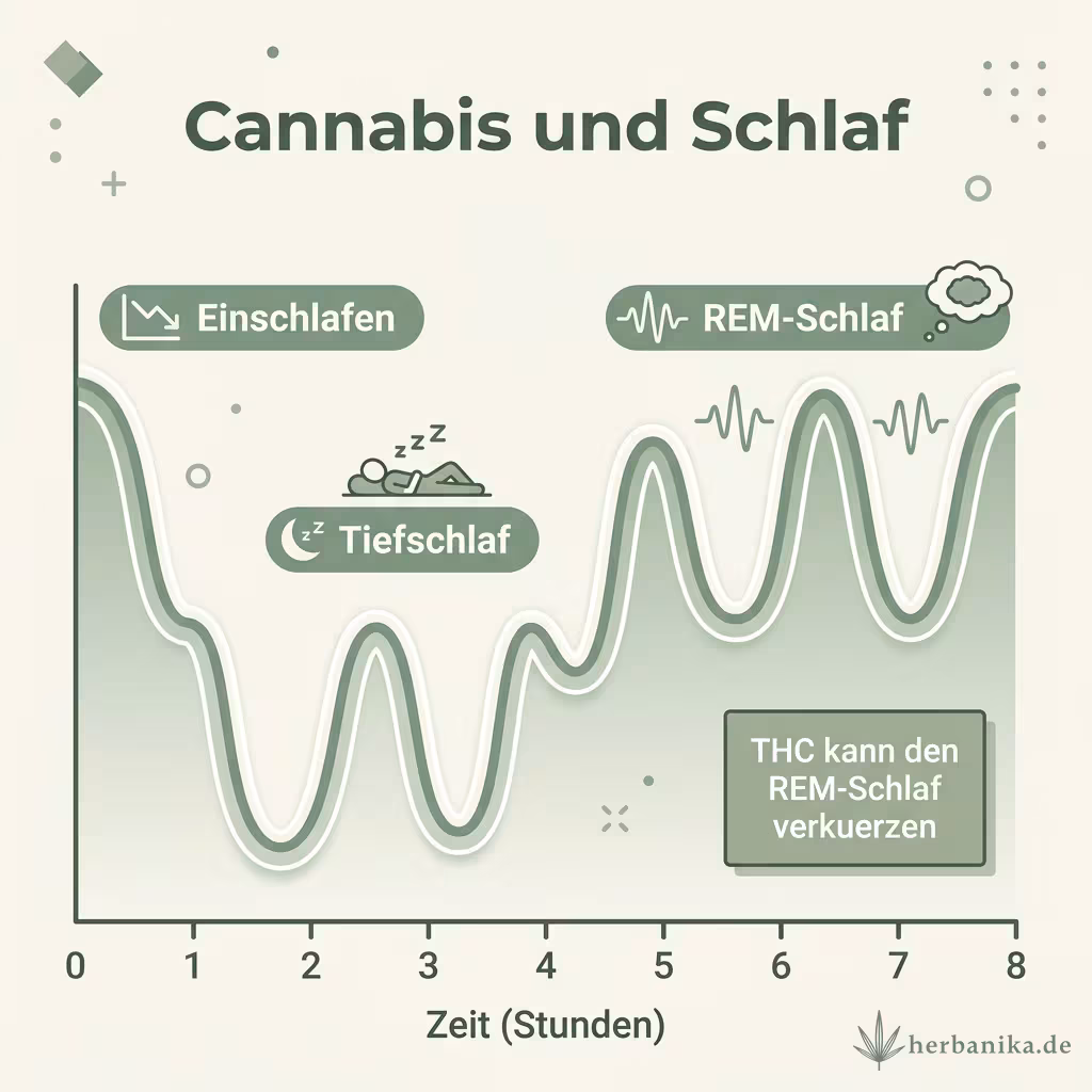 Infografik des Schlafzyklus mit Einschlafen, Tiefschlaf und REM-Schlaf sowie dem Hinweis, dass THC den REM-Schlaf verkürzen kann