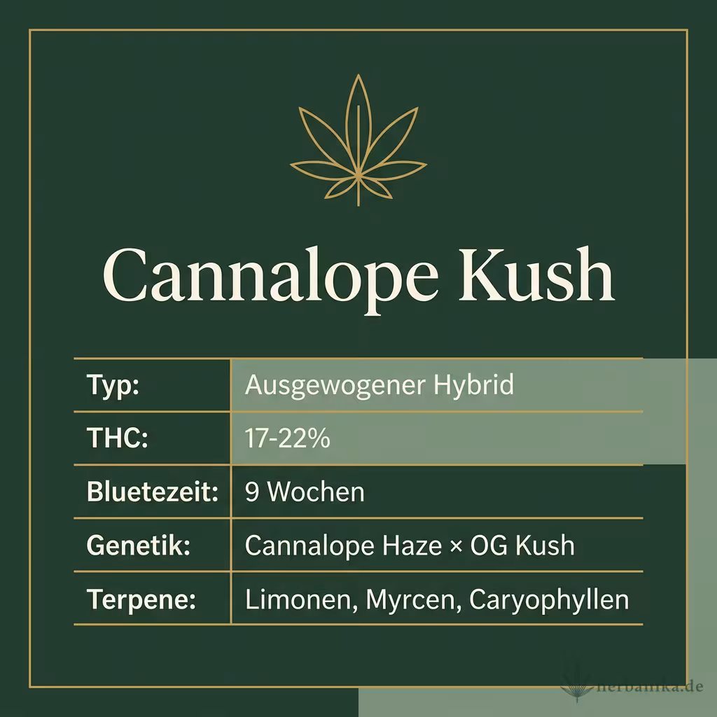 Infografik mit Cannalope Kush Key Facts: Typ Ausgewogener Hybrid, THC 17-22%, Bluetezeit 9 Wochen, Genetik Cannalope Haze × OG Kush und Terpene Limonen, Myrcen, Caryophyllen
