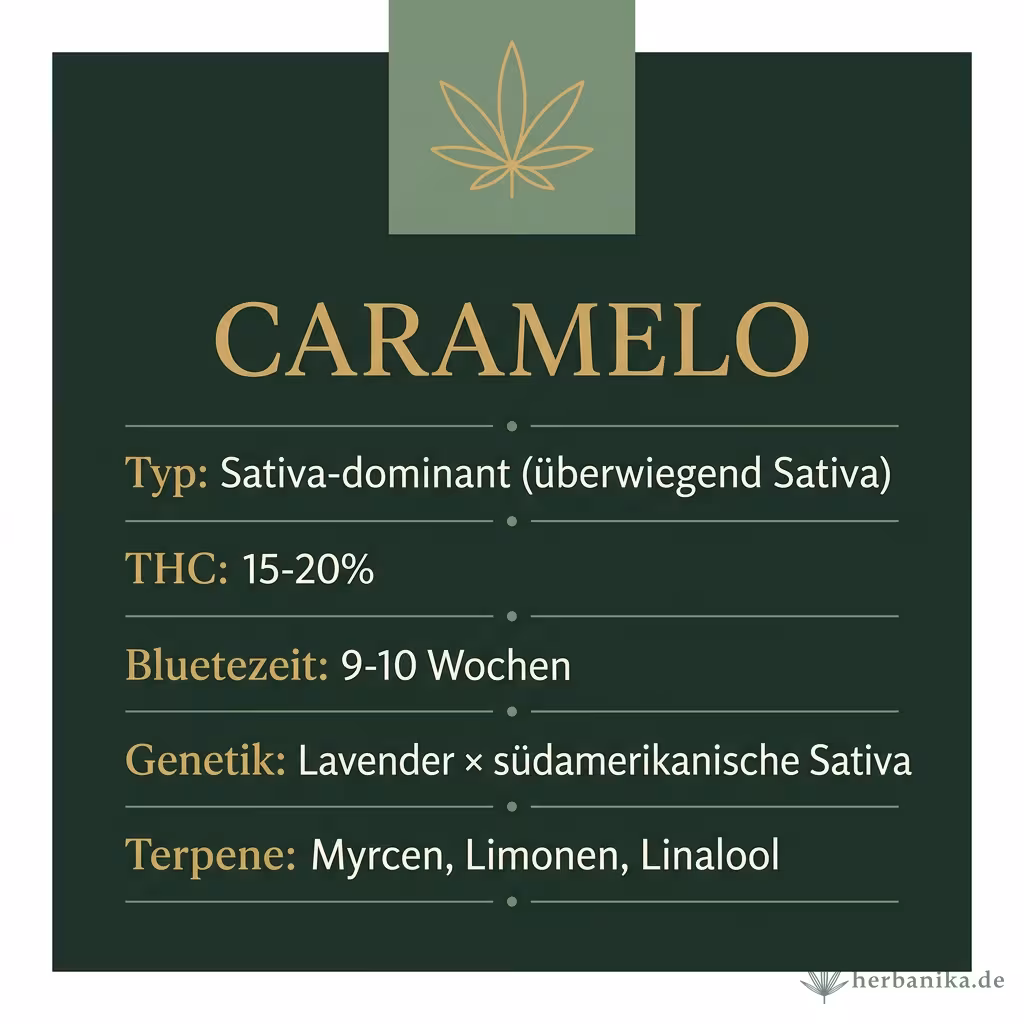 Infografik mit Caramelo Key Facts: Typ Sativa-dominant (überwiegend Sativa), THC 15-20%, Bluetezeit 9-10 Wochen, Genetik Lavender × südamerikanische Sativa und Terpene Myrcen, Limonen, Linalool