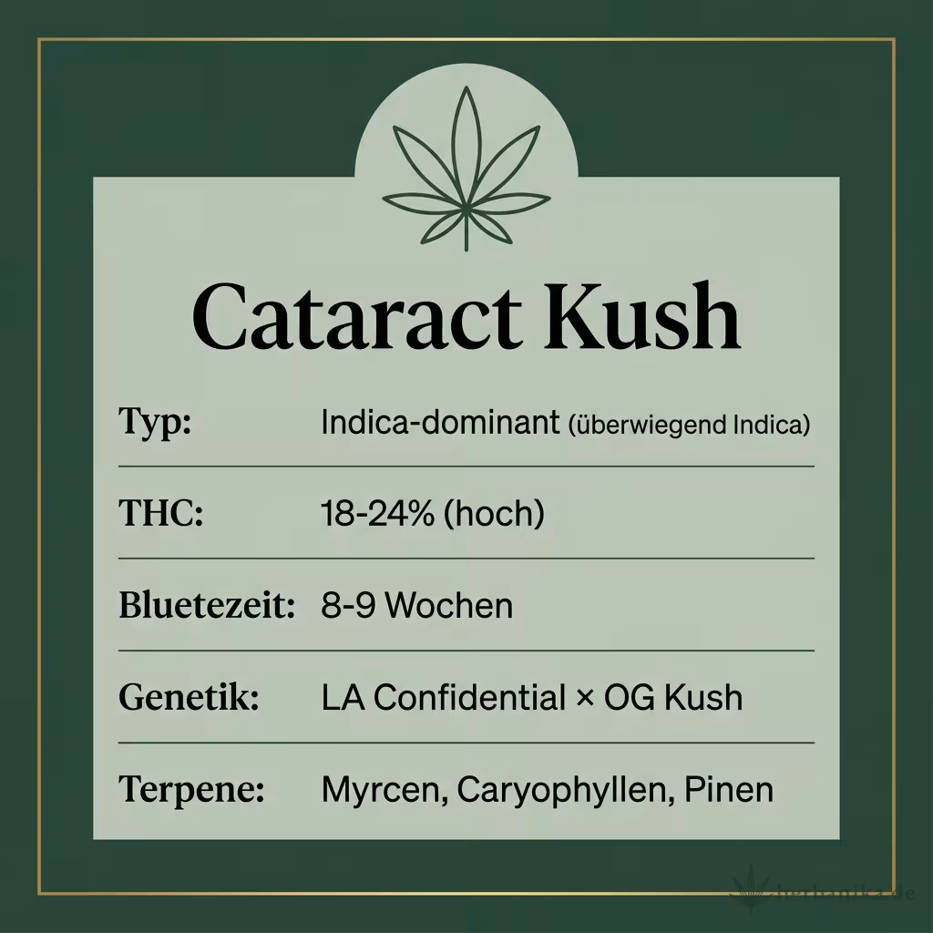 Infografik mit Cataract Kush Key Facts: Typ Indica-dominant (überwiegend Indica), THC 18-24% (hoch), Bluetezeit 8-9 Wochen, Genetik LA Confidential × OG Kush und Terpene Myrcen, Caryophyllen, Pinen