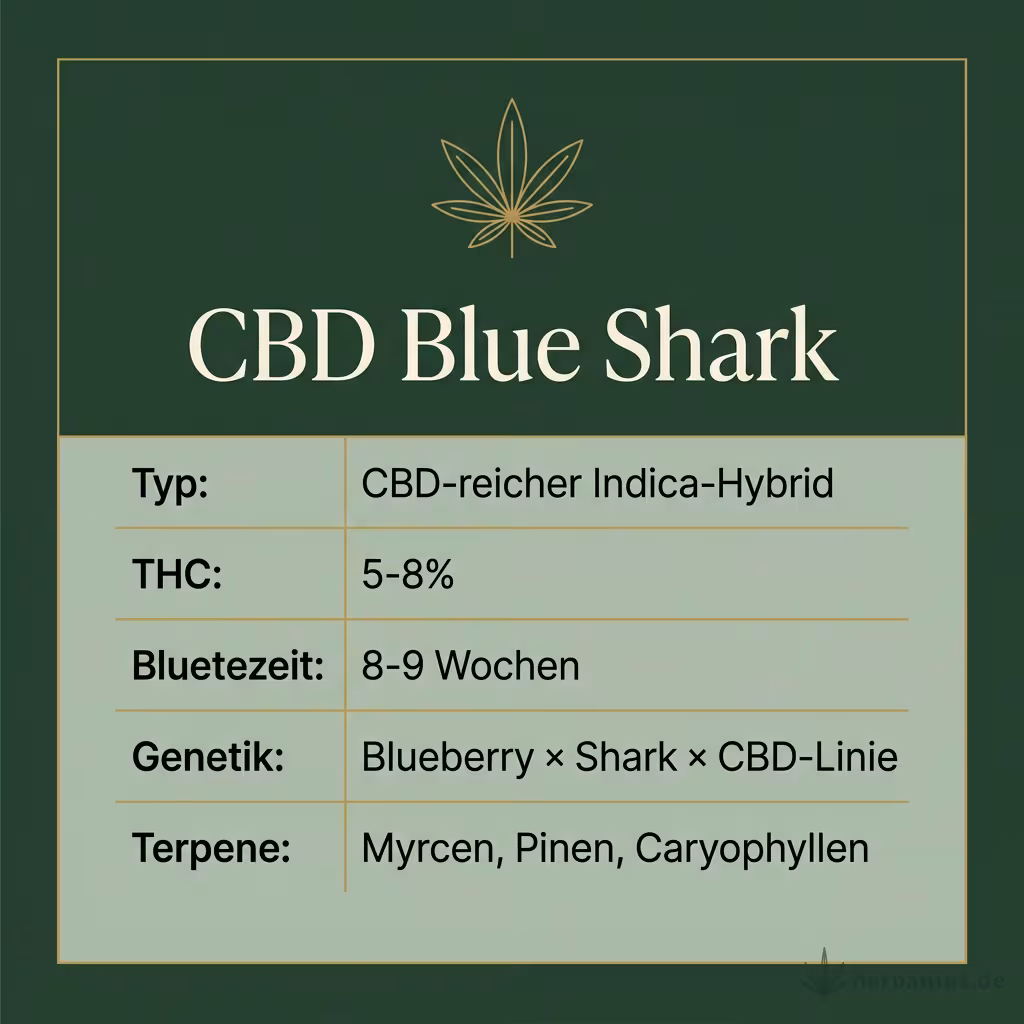 Infografik mit CBD Blue Shark Key Facts: Typ CBD-reicher Indica-Hybrid, THC 5-8%, Bluetezeit 8-9 Wochen, Genetik Blueberry × Shark × CBD-Linie und Terpene Myrcen, Pinen, Caryophyllen