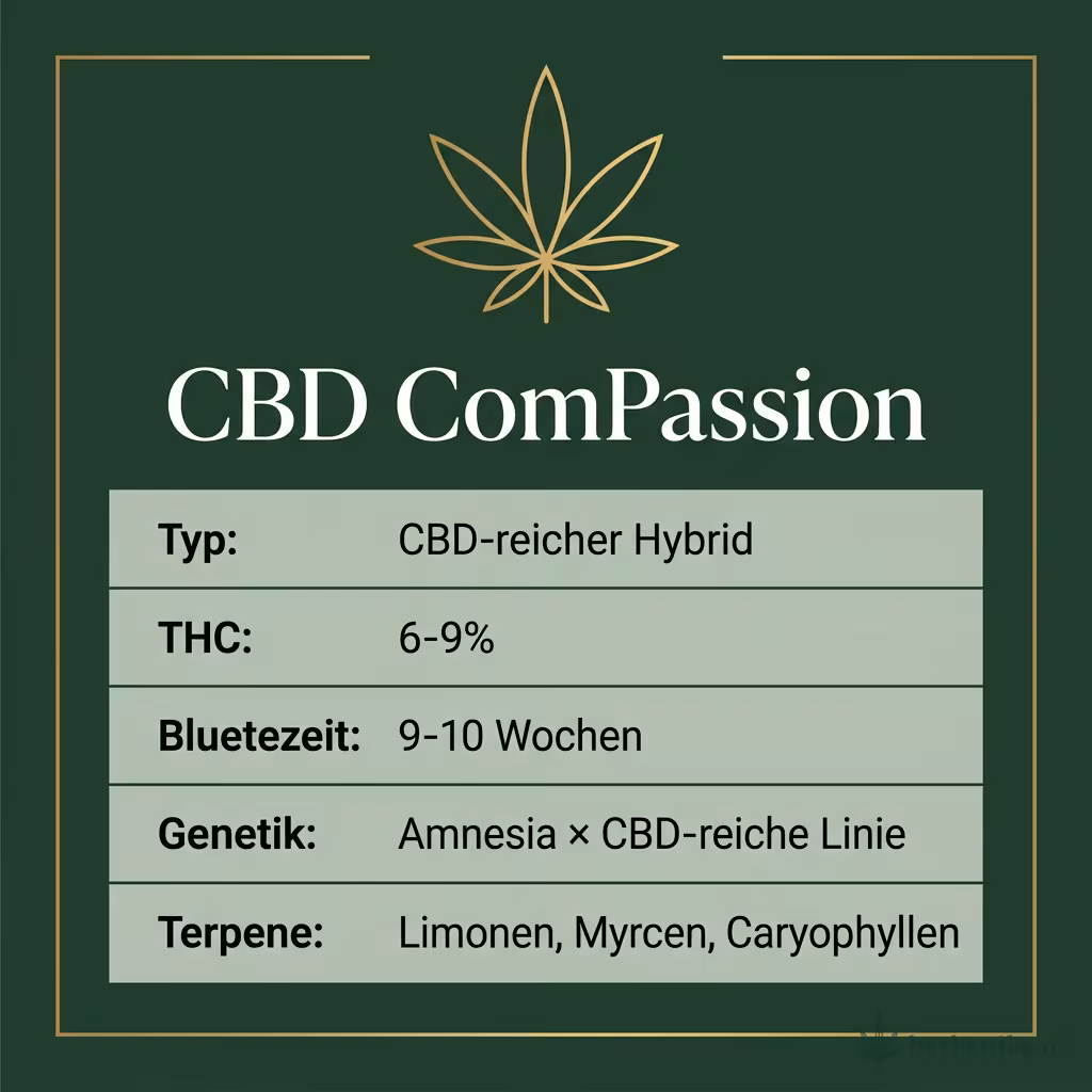 Infografik mit CBD ComPassion Key Facts: Typ CBD-reicher Hybrid, THC 6-9%, Bluetezeit 9-10 Wochen, Genetik Amnesia × CBD-reiche Linie und Terpene Limonen, Myrcen, Caryophyllen