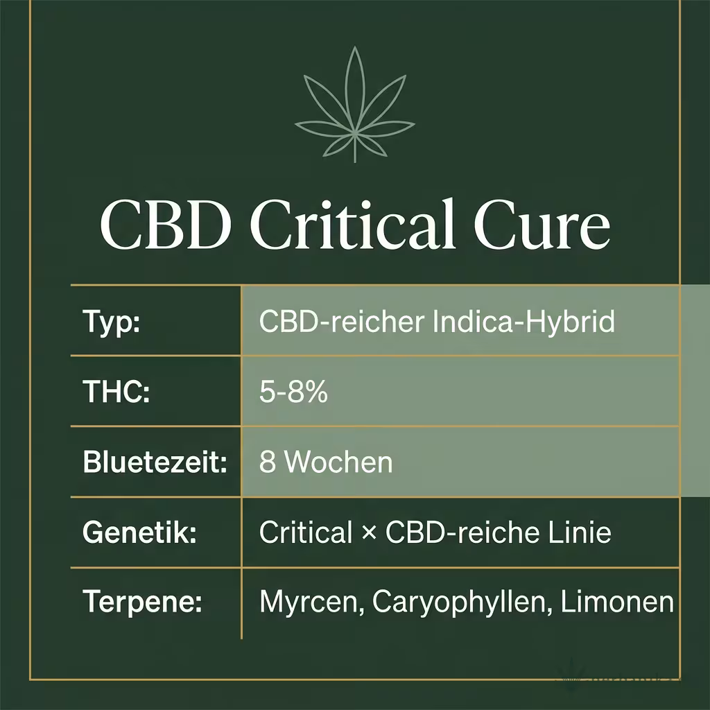 Infografik mit CBD Critical Cure Key Facts: Typ CBD-reicher Indica-Hybrid, THC 5-8%, Bluetezeit 8 Wochen, Genetik Critical × CBD-reiche Linie und Terpene Myrcen, Caryophyllen, Limonen