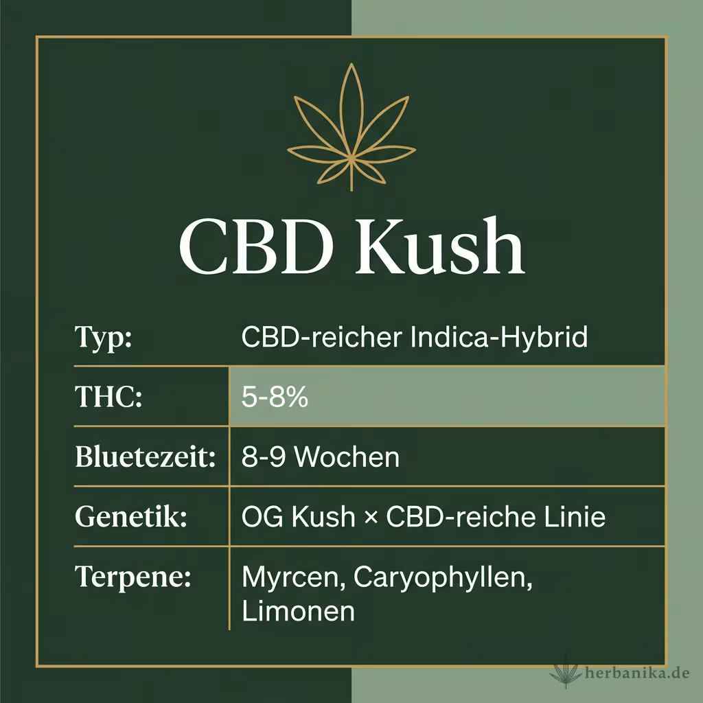 Infografik mit CBD Kush Key Facts: Typ CBD-reicher Indica-Hybrid, THC 5-8%, Bluetezeit 8-9 Wochen, Genetik OG Kush × CBD-reiche Linie und Terpene Myrcen, Caryophyllen, Limonen