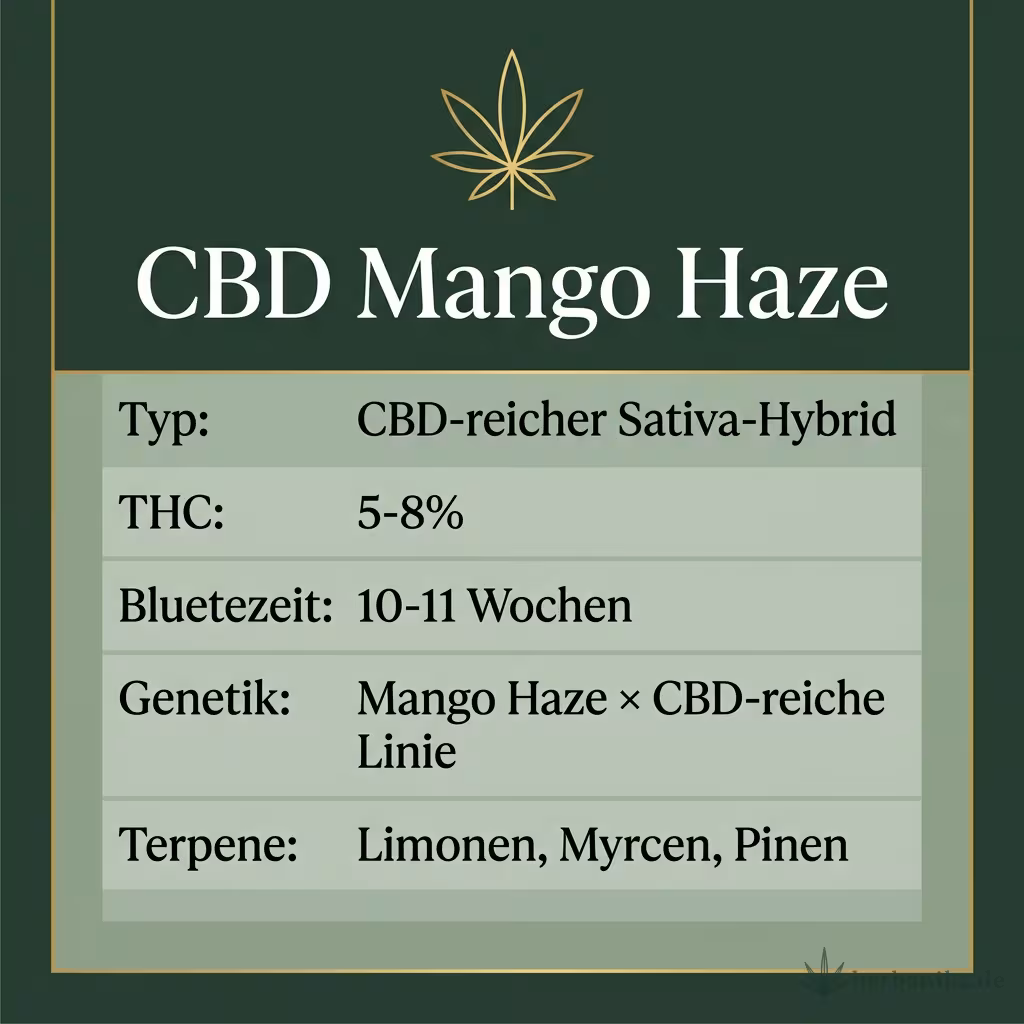 Infografik mit CBD Mango Haze Key Facts: Typ CBD-reicher Sativa-Hybrid, THC 5-8%, Bluetezeit 10-11 Wochen, Genetik Mango Haze × CBD-reiche Linie und Terpene Limonen, Myrcen, Pinen