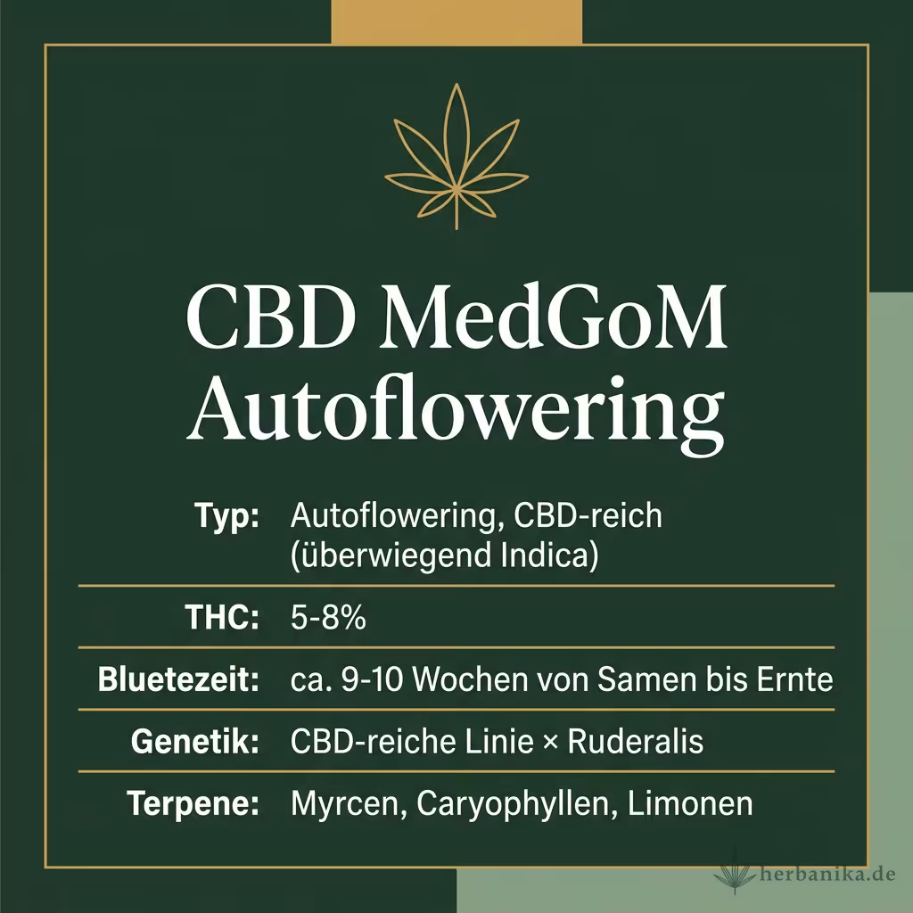 Infografik mit CBD MedGoM Autoflowering Key Facts: Typ Autoflowering, CBD-reich (überwiegend Indica), THC 5-8%, Bluetezeit ca. 9-10 Wochen von Samen bis Ernte, Genetik CBD-reiche Linie × Ruderalis und Terpene Myrcen, Caryophyllen, Limonen
