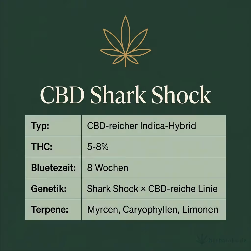 Infografik mit CBD Shark Shock Key Facts: Typ CBD-reicher Indica-Hybrid, THC 5-8%, Bluetezeit 8 Wochen, Genetik Shark Shock × CBD-reiche Linie und Terpene Myrcen, Caryophyllen, Limonen