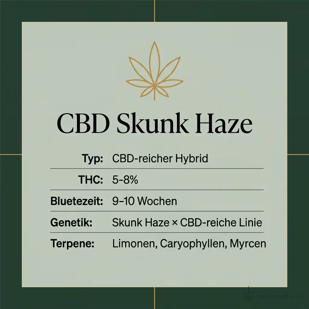 Infografik mit CBD Skunk Haze Key Facts: Typ CBD-reicher Hybrid, THC 5-8%, Bluetezeit 9-10 Wochen, Genetik Skunk Haze × CBD-reiche Linie und Terpene Limonen, Caryophyllen, Myrcen