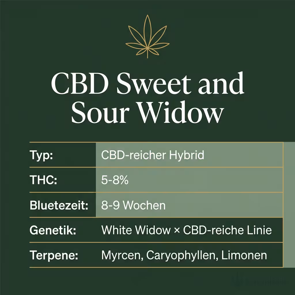 Infografik mit CBD Sweet and Sour Widow Key Facts: Typ CBD-reicher Hybrid, THC 5-8%, Bluetezeit 8-9 Wochen, Genetik White Widow × CBD-reiche Linie und Terpene Myrcen, Caryophyllen, Limonen