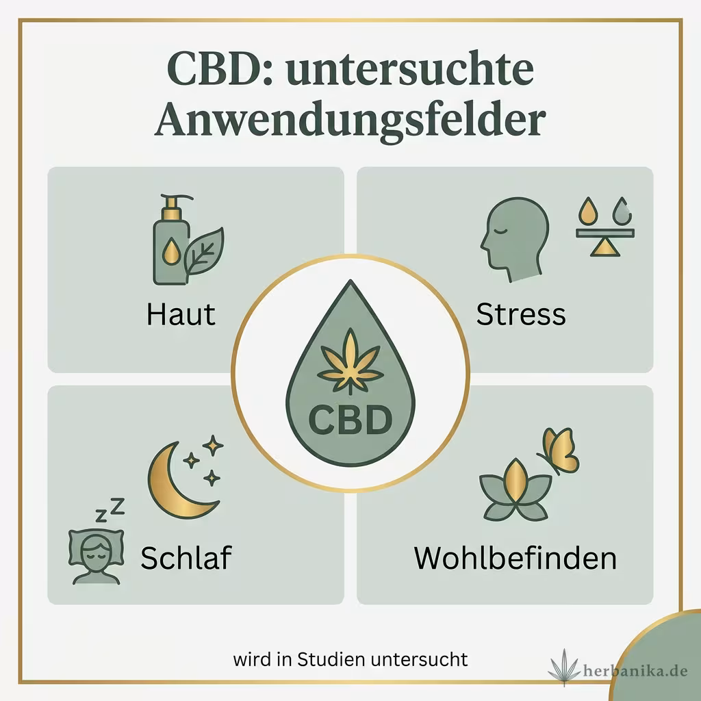 Infografik CBD: untersuchte Anwendungsfelder Haut, Stress, Schlaf und Wohlbefinden, mit dem Hinweis wird in Studien untersucht