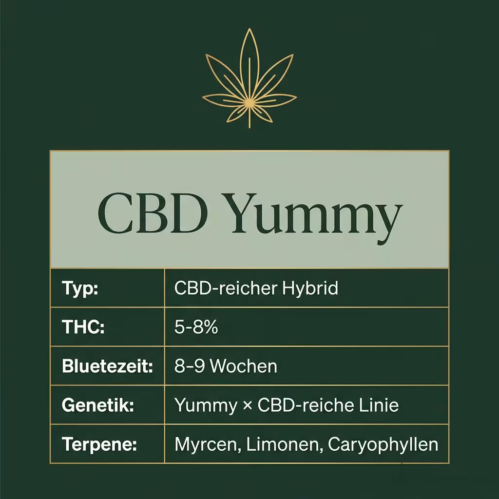 Infografik mit CBD Yummy Key Facts: Typ CBD-reicher Hybrid, THC 5-8%, Bluetezeit 8-9 Wochen, Genetik Yummy × CBD-reiche Linie und Terpene Myrcen, Limonen, Caryophyllen