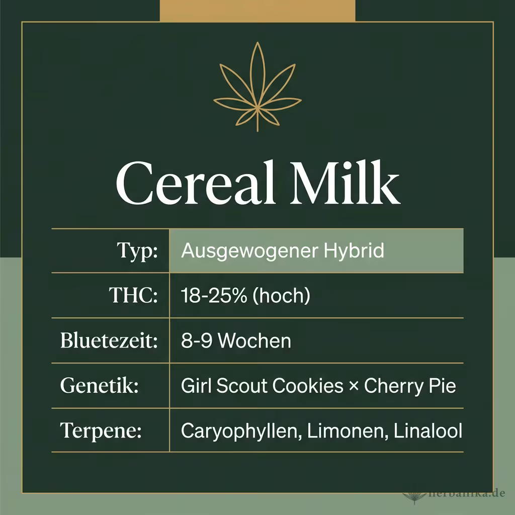 Infografik mit Cereal-Milk Key Facts: Typ ausgewogener Hybrid, THC 18-25%, Bluetezeit 8-9 Wochen, Genetik Girl Scout Cookies x Cherry Pie und Terpene Caryophyllen, Limonen, Linalool