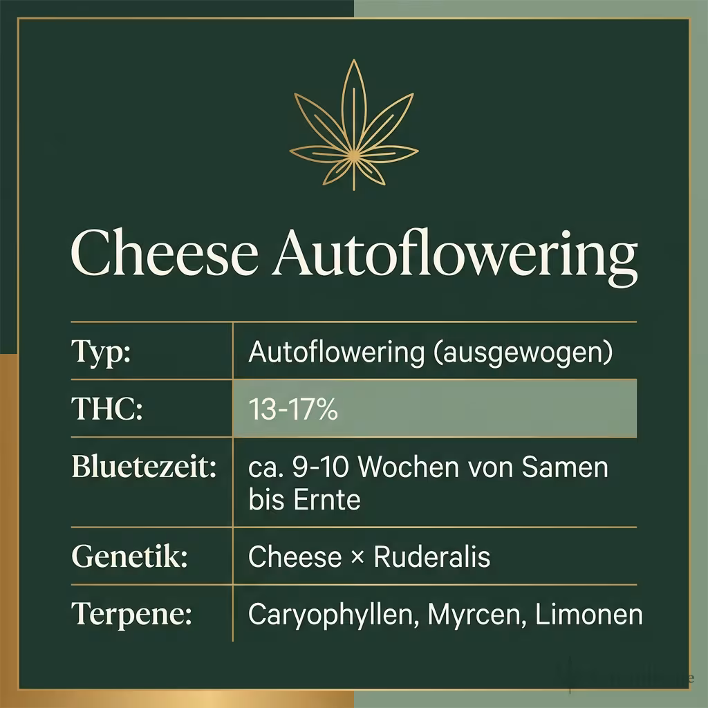 Infografik mit Cheese Autoflowering Key Facts: Typ Autoflowering (ausgewogen), THC 13-17%, Bluetezeit ca. 9-10 Wochen von Samen bis Ernte, Genetik Cheese × Ruderalis und Terpene Caryophyllen, Myrcen, Limonen