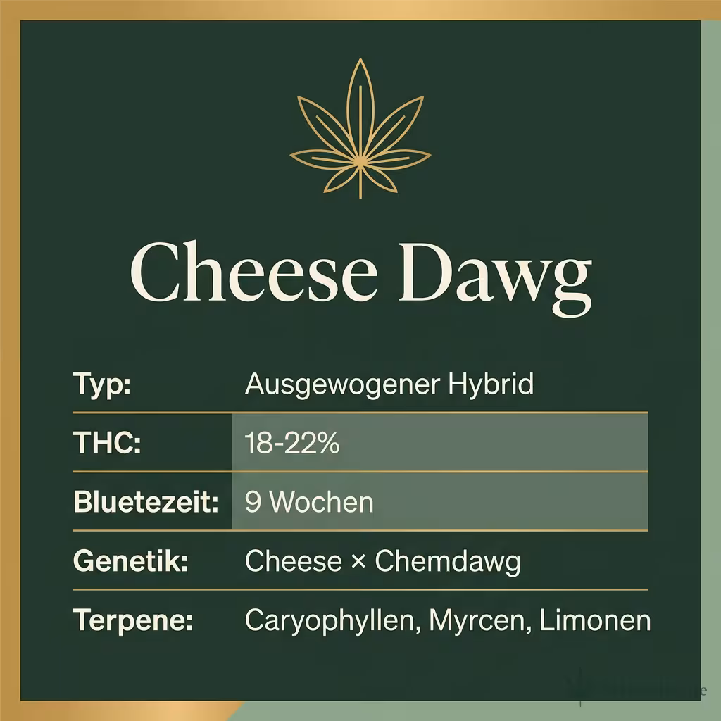 Infografik mit Cheese Dawg Key Facts: Typ Ausgewogener Hybrid, THC 18-22%, Bluetezeit 9 Wochen, Genetik Cheese × Chemdawg und Terpene Caryophyllen, Myrcen, Limonen