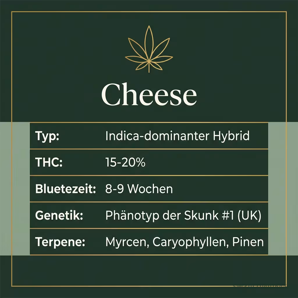 Infografik mit Cheese Key Facts: Typ Indica-dominant, THC 15-20%, Bluetezeit 8-9 Wochen, Genetik Skunk-1-Phänotyp und Terpene Myrcen, Caryophyllen, Pinen