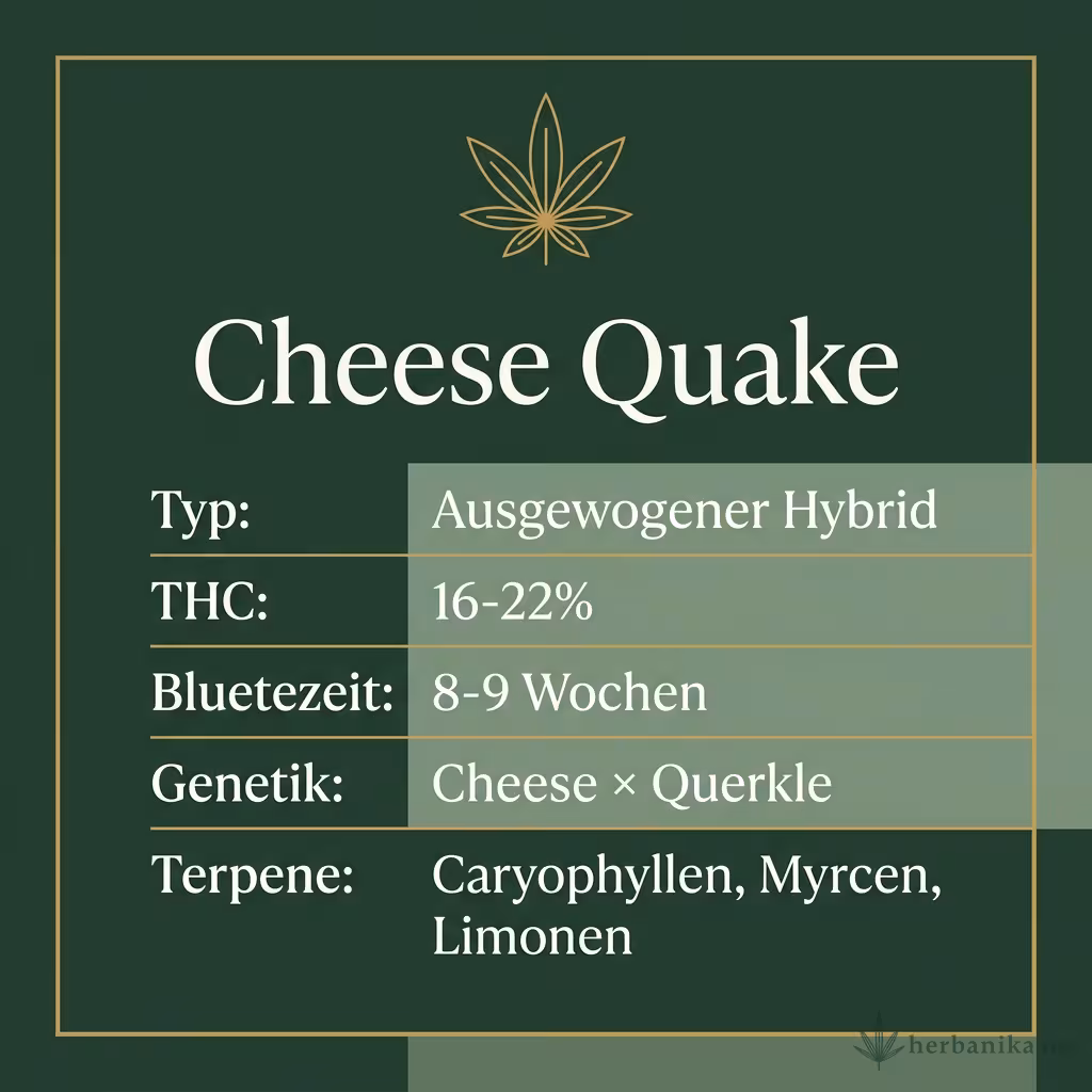 Infografik mit Cheese Quake Key Facts: Typ Ausgewogener Hybrid, THC 16-22%, Bluetezeit 8-9 Wochen, Genetik Cheese × Querkle und Terpene Caryophyllen, Myrcen, Limonen